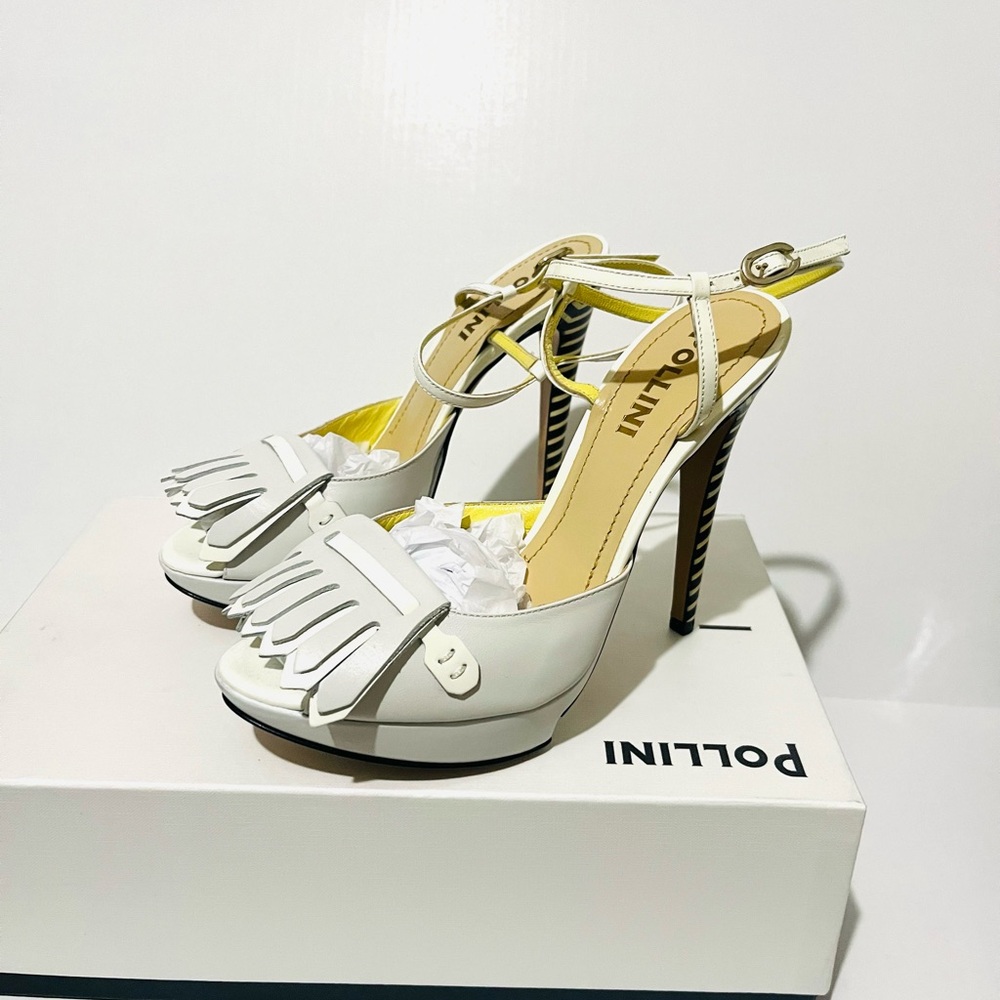 Pollini White Fringe leather Heeled Sandals